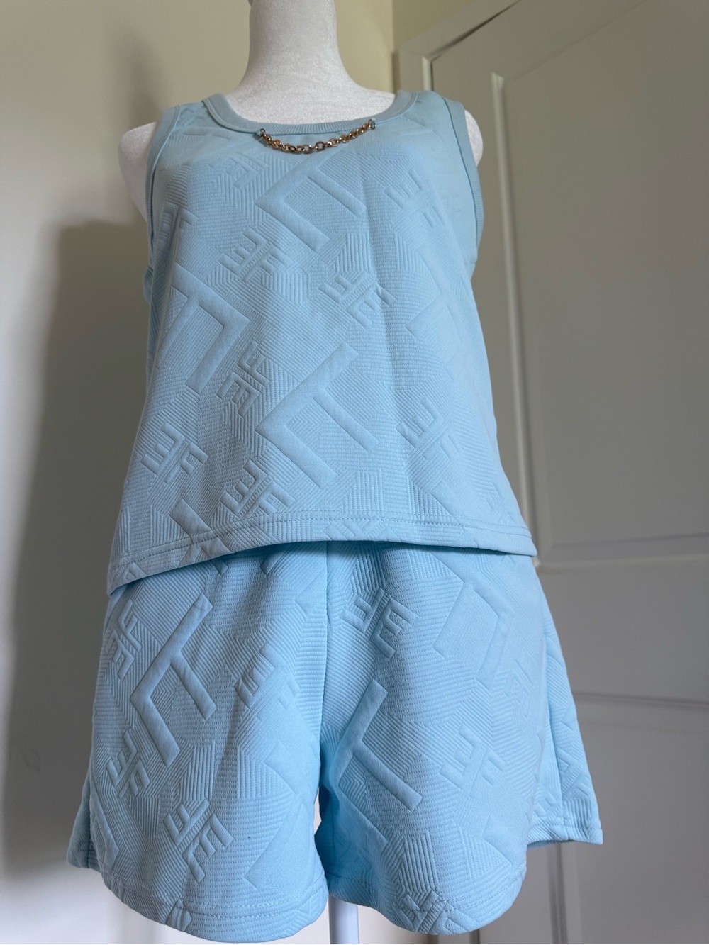 Light Blue Embossed Sleeveless Tank & Shorts Set - Women
